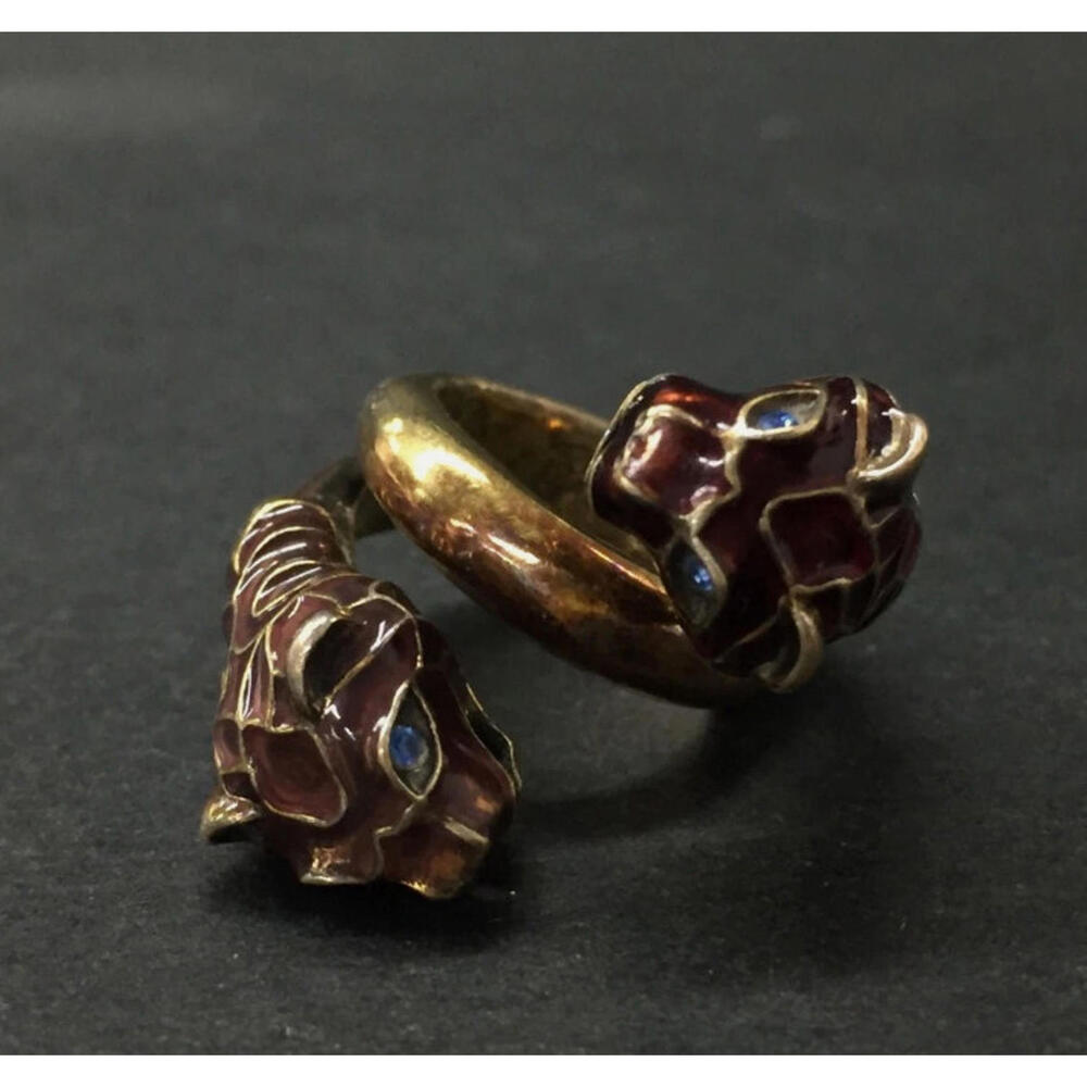 Gucci Gold Double Tiger Head Ring Pinky Blue Crystal Eyes Gold Tone Size 46 3.75 - Picture 4 of 5